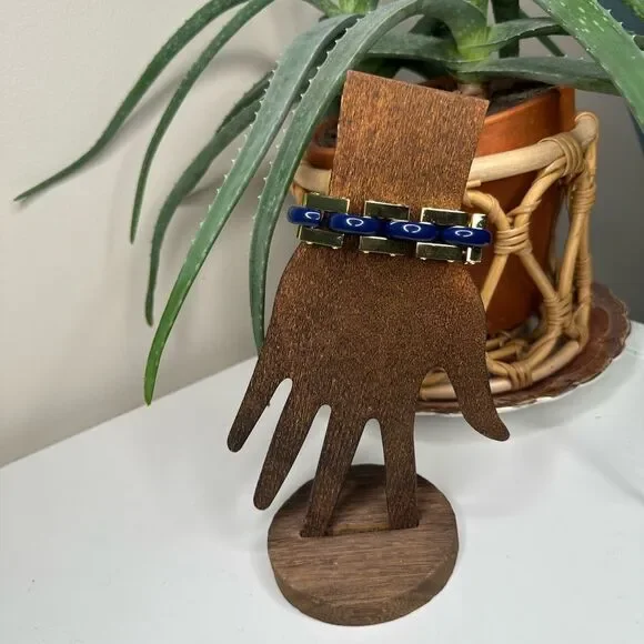 Tory Burch Logo Link Chunky Bangle Bracelet Blue Gold Enamel Chain NWT MSRP $299 - Picture 2 of 10